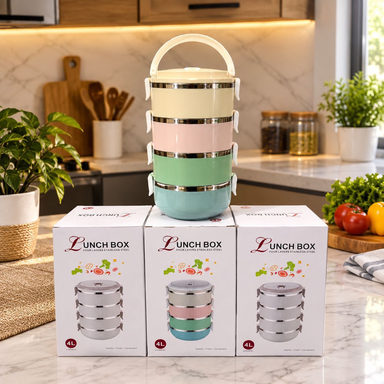 ظرف غذای 4طبقه 4لیتر مدل LUNCH BOX FOUR LAYERS STAINLESS STEEL